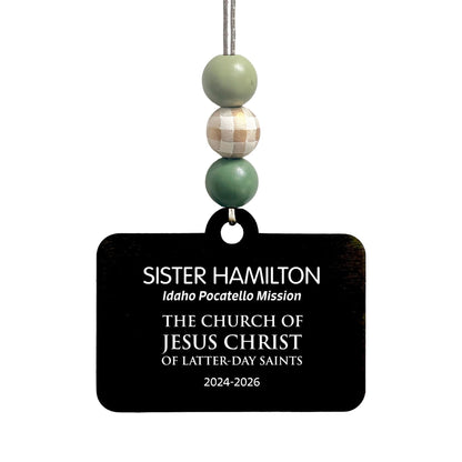 Bead option B on the English missionary name tag ornament: light sage green, plaid and sage green beads.