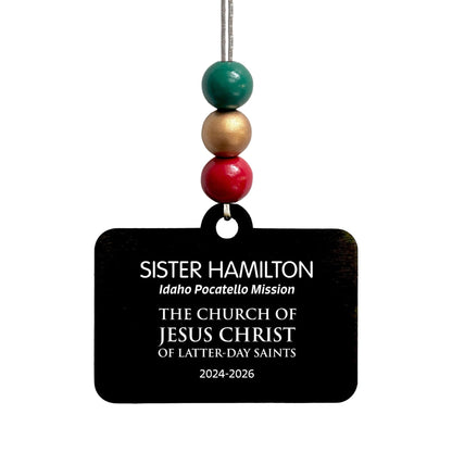 Bead option E on the English missionary name tag ornament: dark green, bronze and dark red beads.