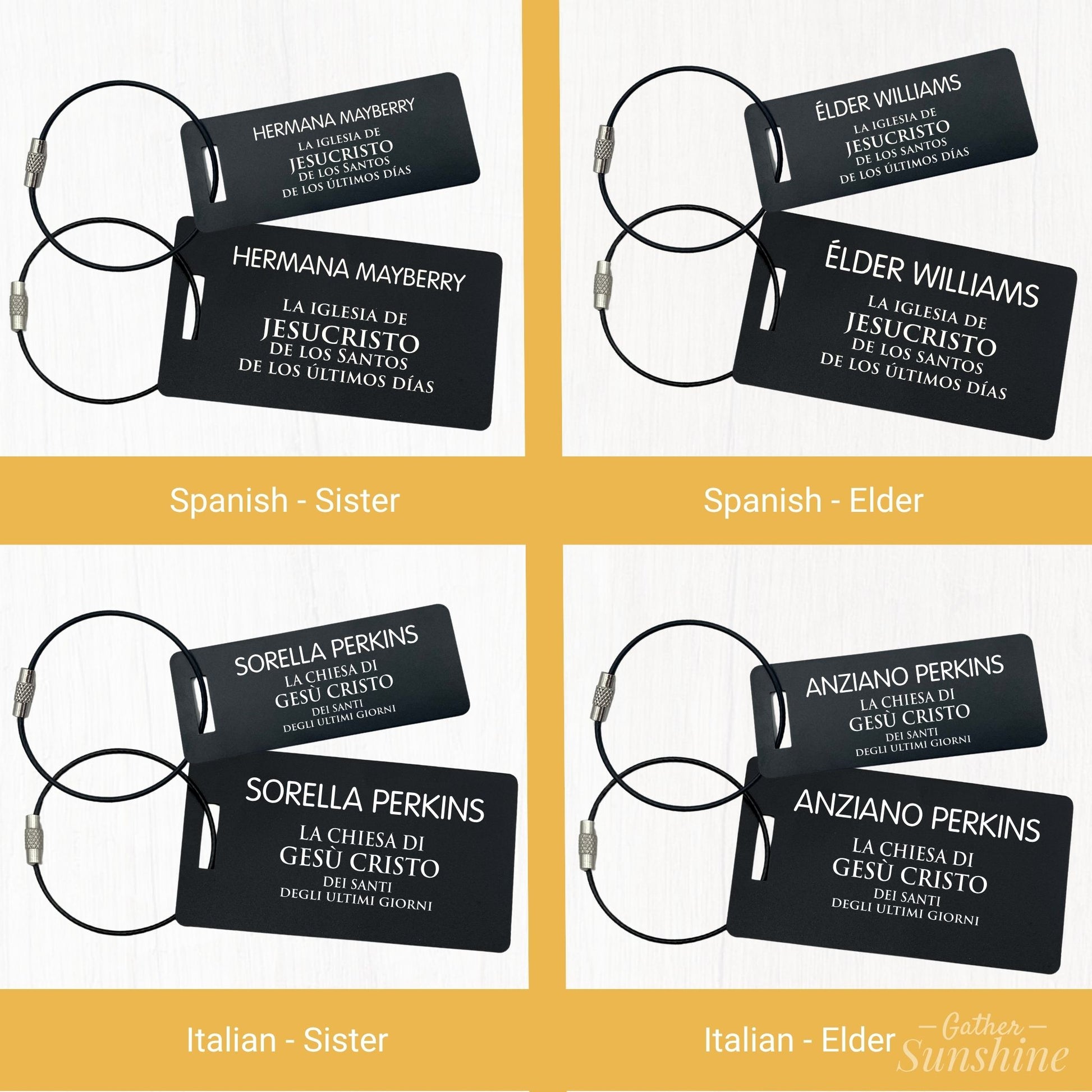 Missionary luggage tags in Spanish and Italian for sister and elder, multiple language options by Gather Sunshine