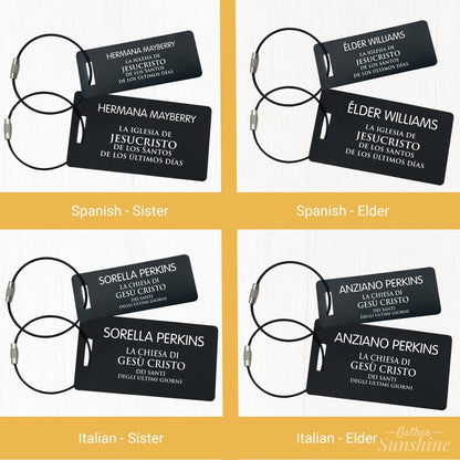 Missionary luggage tags in Spanish and Italian for sister and elder, multiple language options