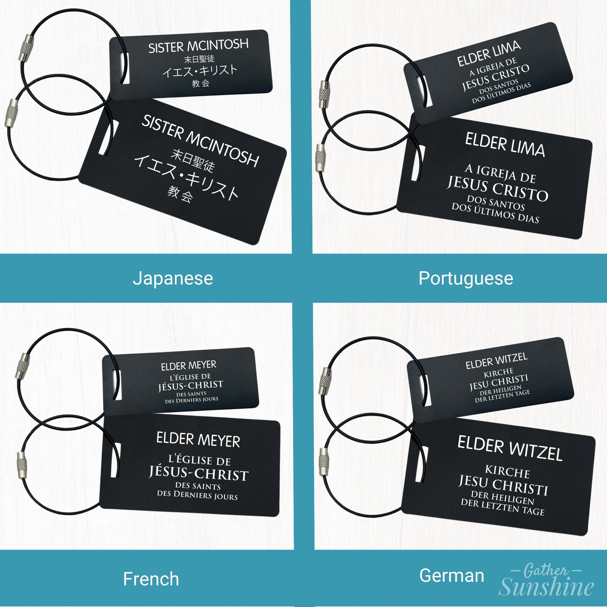 Missionary luggage tags in Japanese, Portuguese, French, and German, engraved language examples by Gather Sunshine