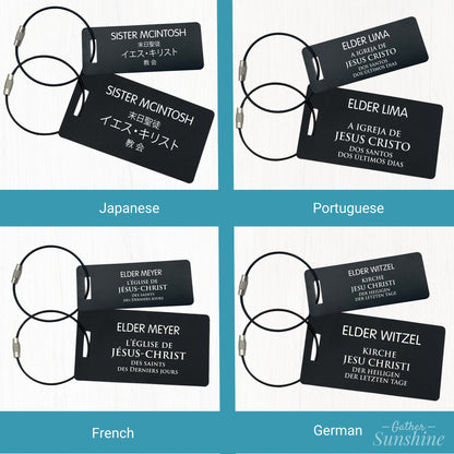 Missionary luggage tags in Japanese, Portuguese, French, and German, engraved language examples
