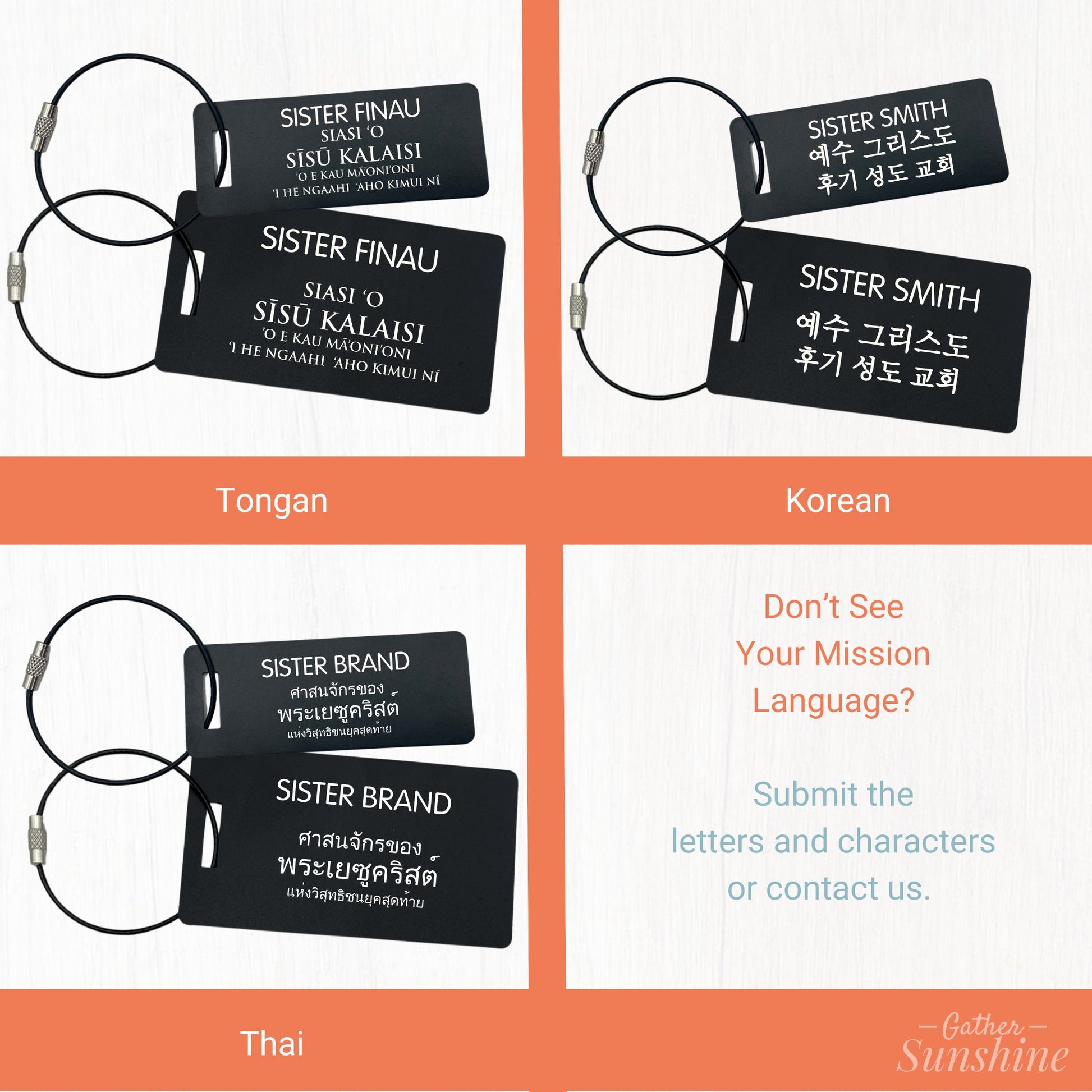 Missionary luggage tags in Tongan, Korean, and Thai with option to request custom language by Gather Sunshine