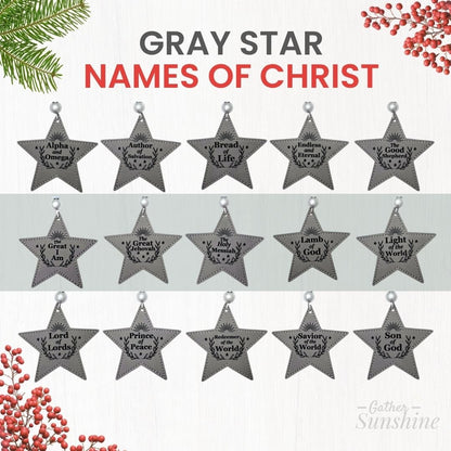 15 Gray star-shaped Names of Christ ornaments with engraved names by Gather Sunshine.
