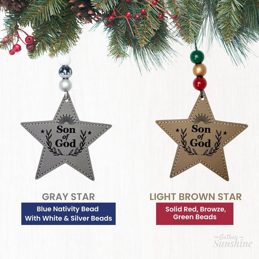 Two star-shaped ornaments labeled 'Son of God' with color and bead options on a white background by Gather Sunshine.