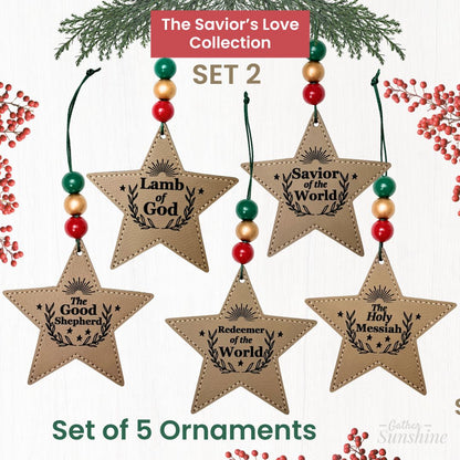 Set 2 of five star-shaped Christmas ornaments (the Savior's Love Collection) with religious inscriptions, by Gather Sunshine.