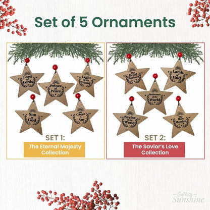 2 Variations of Set of 5 Christmas star ornaments with text on a white background with red berries by Gather Sunshine. 