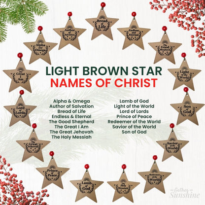 Light brown star-shaped ornaments with names of Christ on a white background with Christmas decorations by Gather Sunshine.