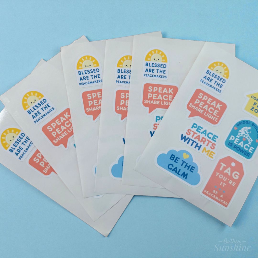 Six Peace Starts With Me sticker sheets arranged together, showing bright peace-themed designs for youth, families, and missionaries by GatherSunshine.