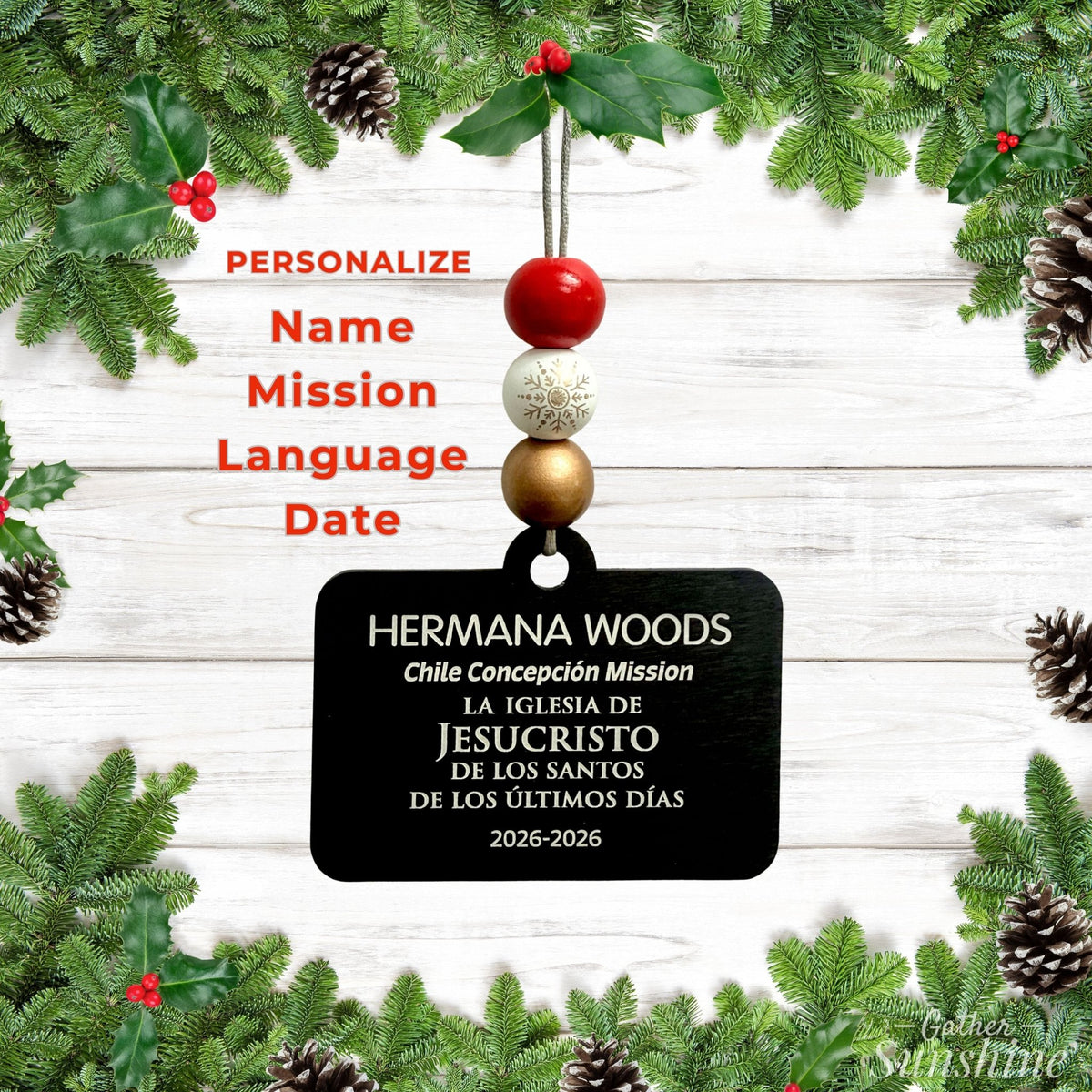 Six bead color combinations available for the personalized missionary name tag ornament.