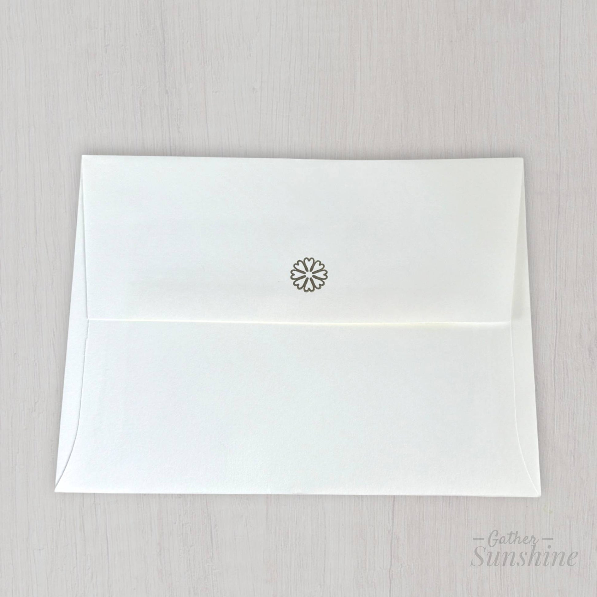 Coordinating white envelope with handmade red and black flower card set, Gather Sunshine stationery collection