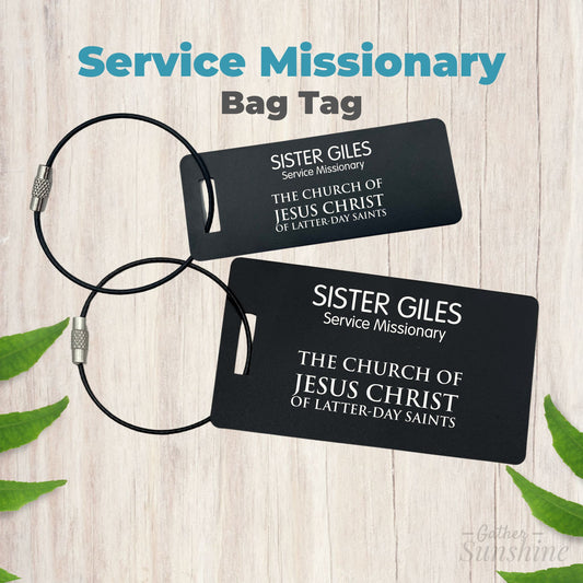 Personalized service missionary bag tag with engraved name and service missionary title by Gather Sunshine