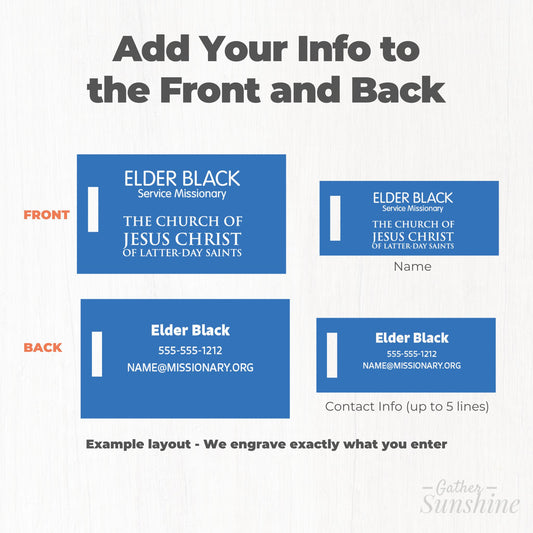 Front and back of personalized service missionary tag showing custom name and contact information engraving by Gather Sunshine