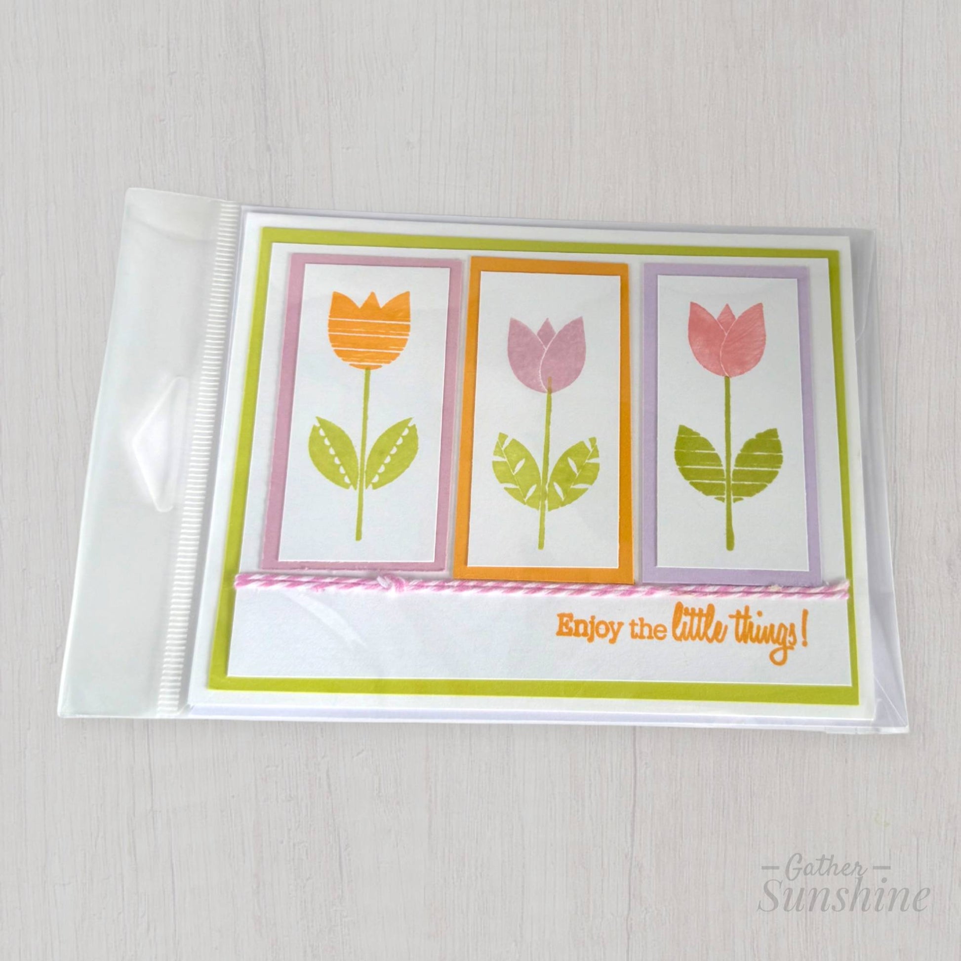 Handmade tulip greeting card with Handmade tulip greeting card with “Enjoy the little things” phrase in protective sleeve, Gather Sunshine stationery