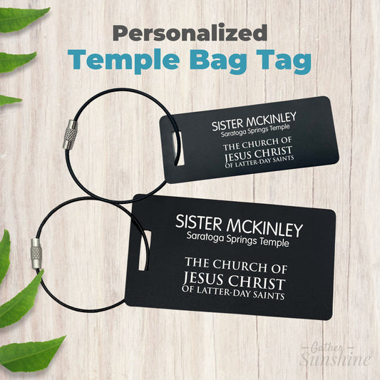 Personalized temple bag tag with engraved name and temple location, black metal tag with cable loop by Gather Sunshine