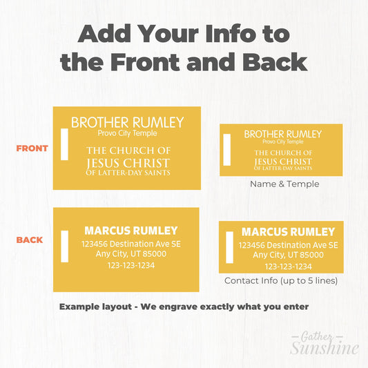 Front and back of personalized temple bag tag showing custom name and contact information engraving by Gather Sunshine